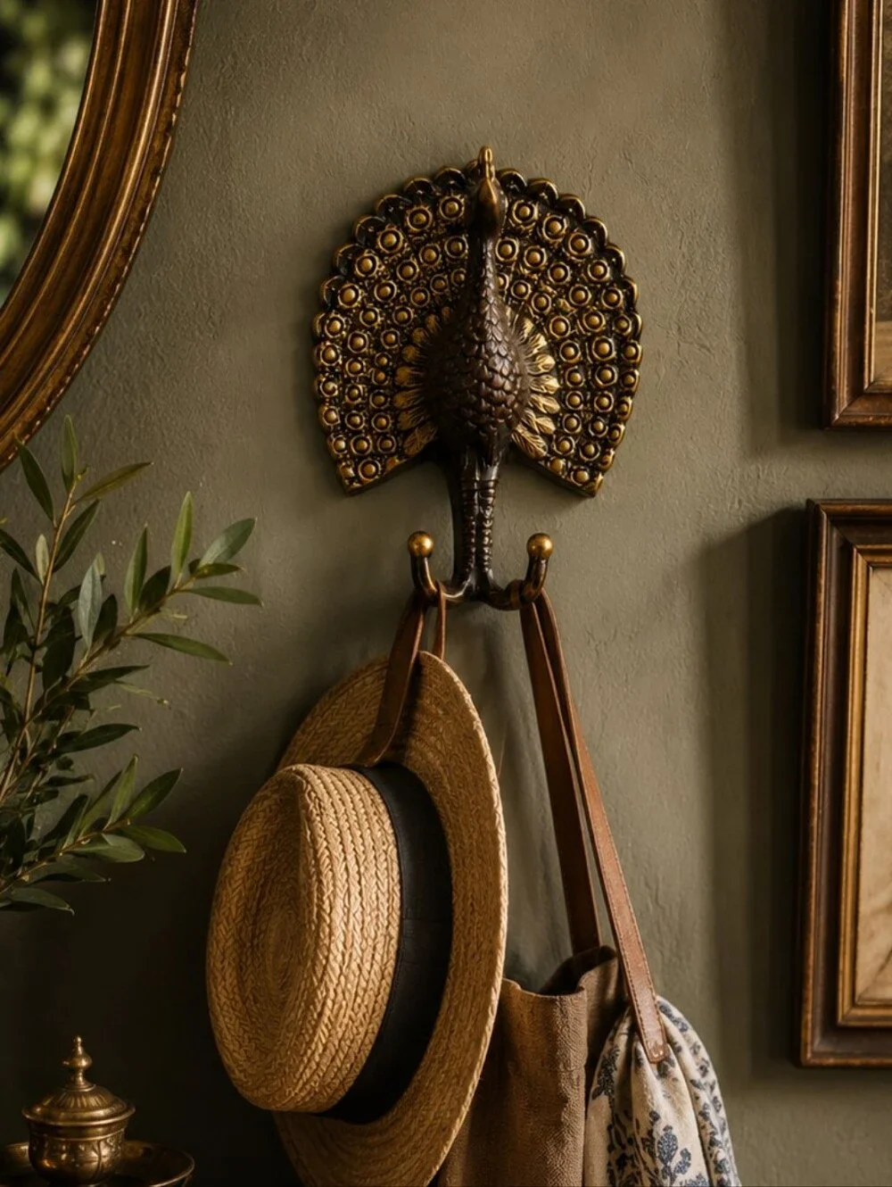 Vintage Style Brass Tone Peacock Double Wall Hook